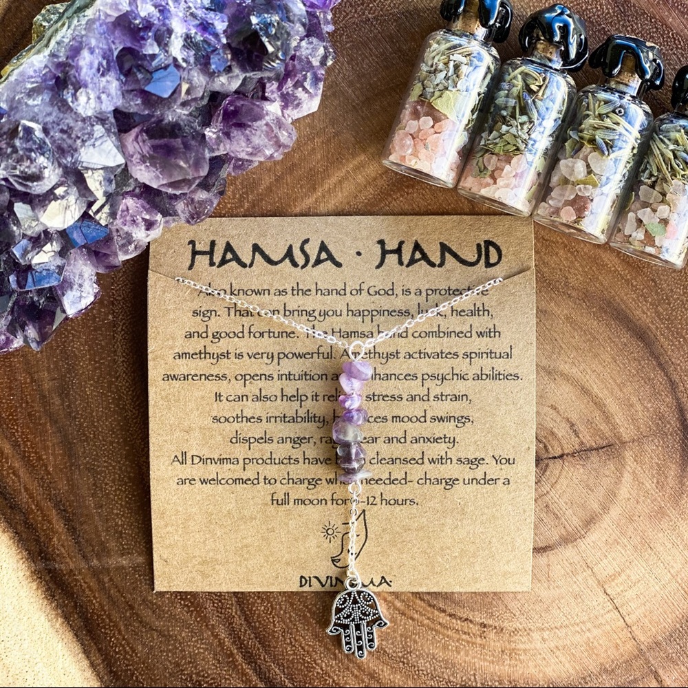 Hamsa hand protection necklace amethyst